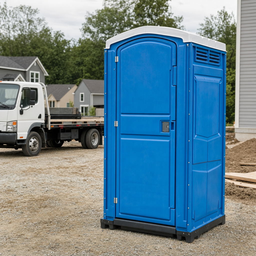 Delivery driver positioning a clean royal-blue portable toilet on level ground at a Kansas City worksite