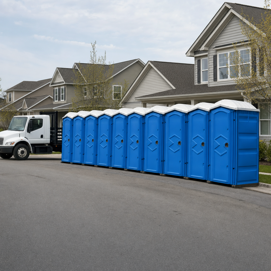 Royal blue portable toilets staged in a tidy row at a Kansas City jobsite, ready for delivery